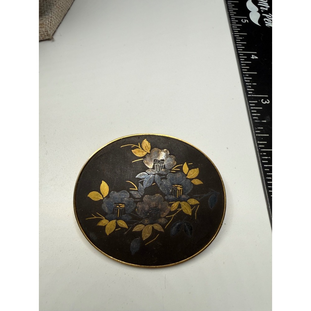 Vintage Amita‎ Japanese Damascene Floral Brooch Pendant Gold Silver Inlay Oval